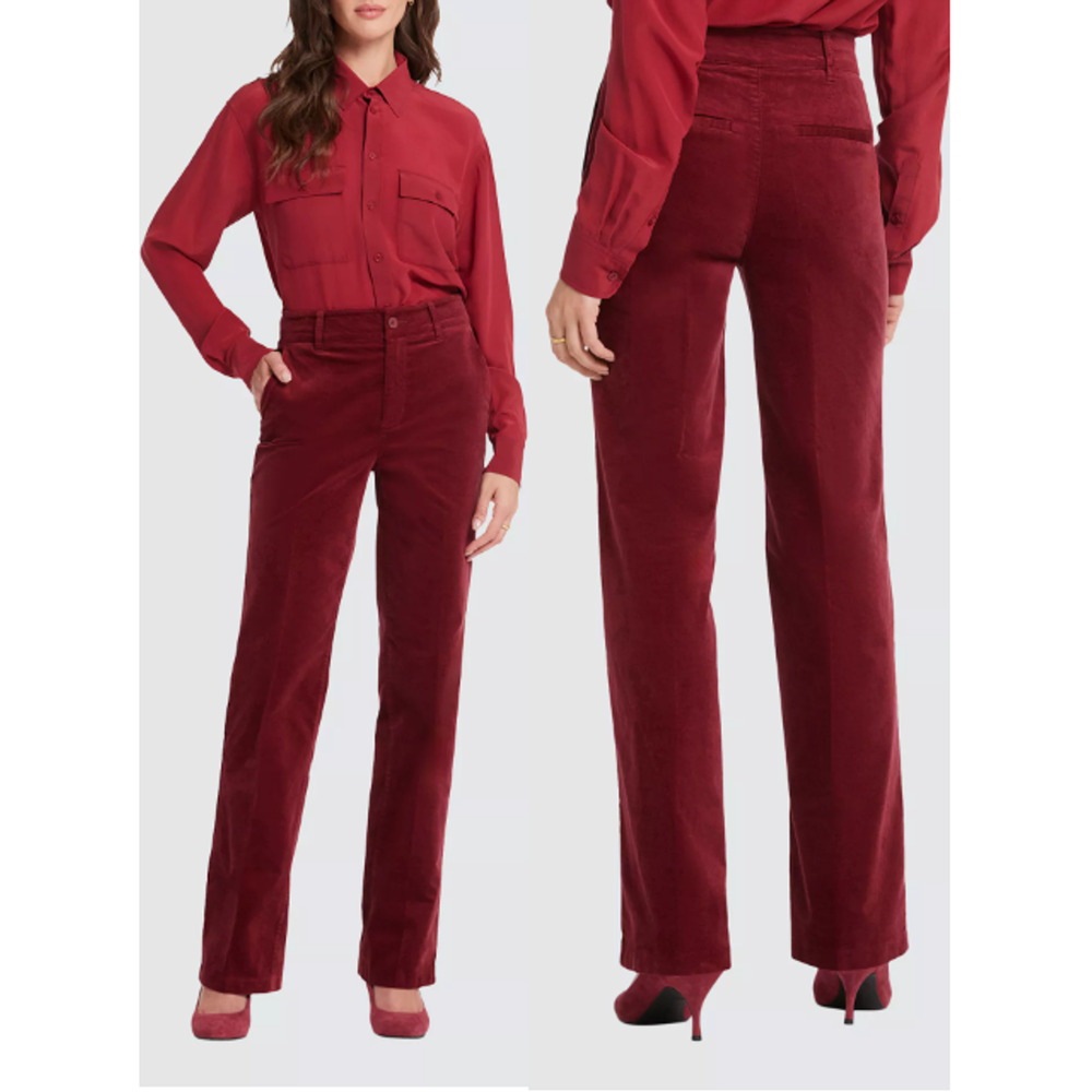 NYDJ High Waisted Velvet Straight Leg Trousers Pants Wild Currant Women's 12